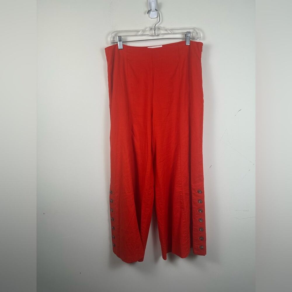 Anthropologie Wide Leg Crop Pants Womens 6 Red EUC Linen Blend Button Detail